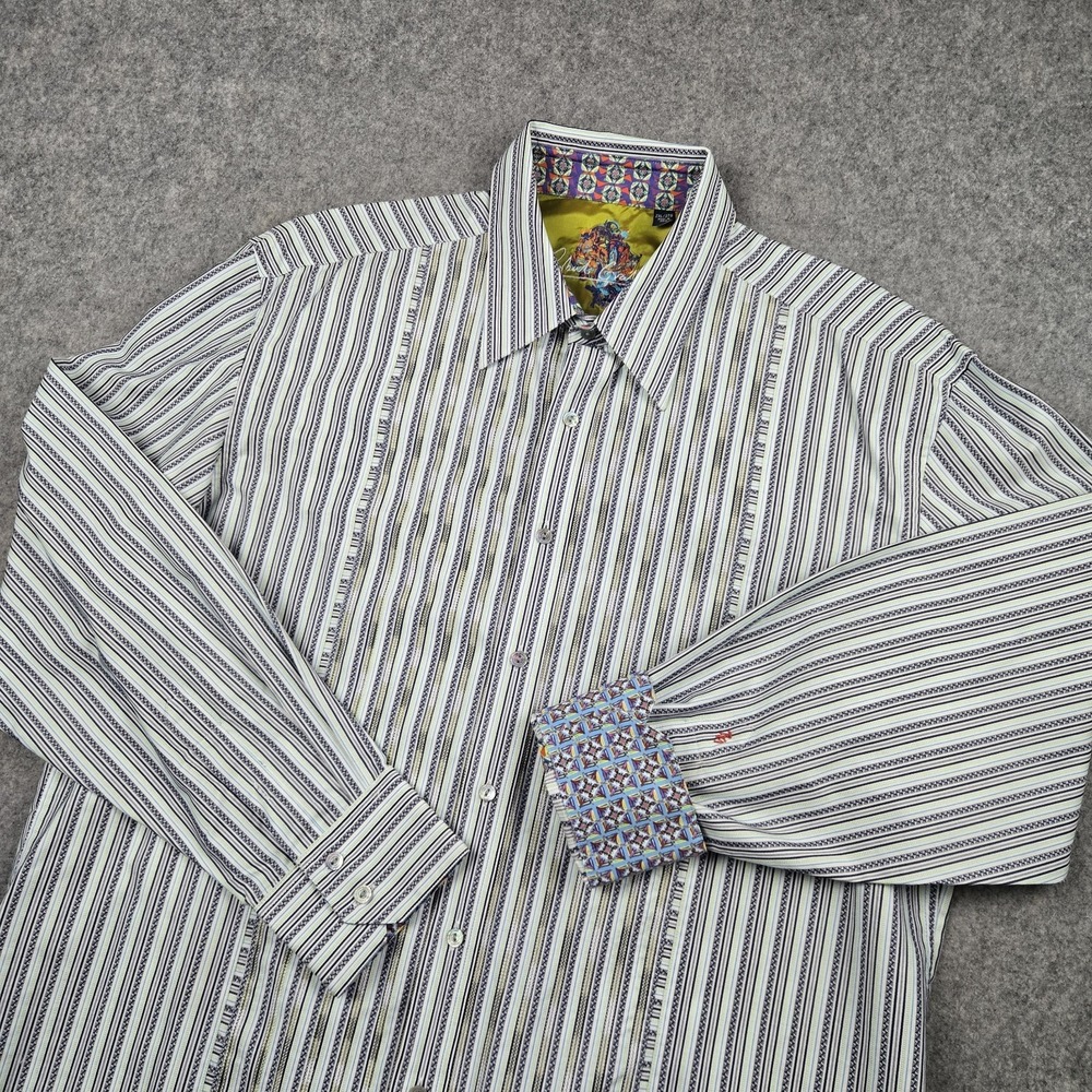Robert Graham Button Up Shirt Mens 2XL White Green Striped Flip Cuff Long Sleeve